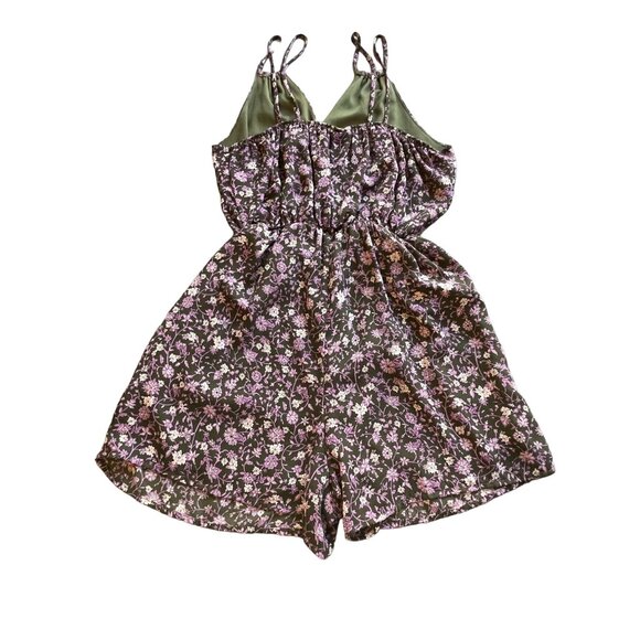 Strappy Floral Romper Lined Elastic Waist V-Neck (Made in the USA) Small - Picture 2 of 4